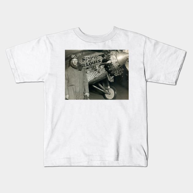 Lindbergh with his airplane, 1928 (H412/0396) Kids T-Shirt by SciencePhoto